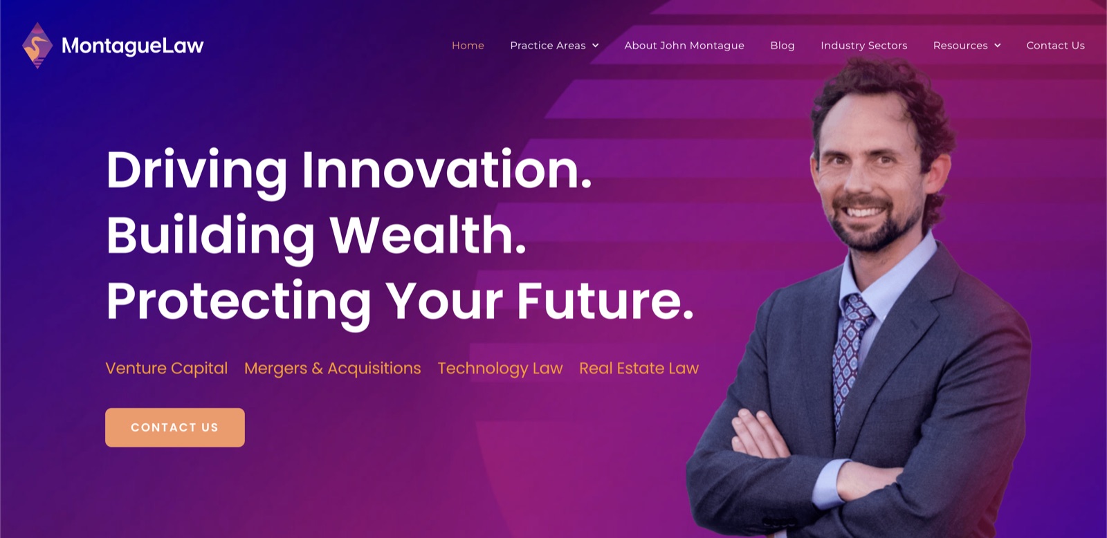 Montague Law's website, headlined "Driving Innovation. Building Wealth. Protecting Your Future.", with attorney John Montague